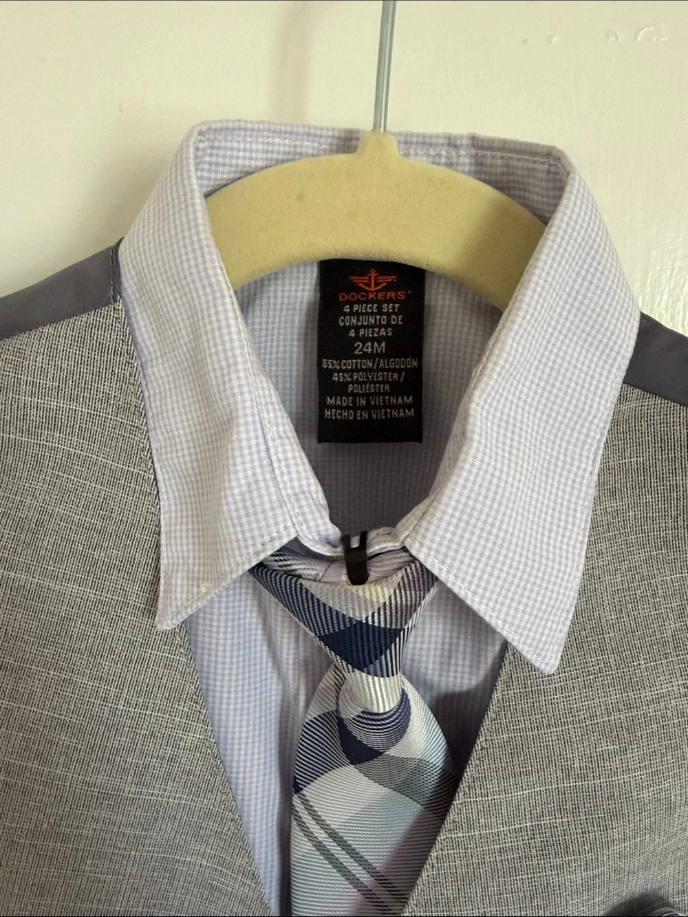 Dockers 24M Boys Gray Suit Vest Set with Plaid Tie and Pocket Square